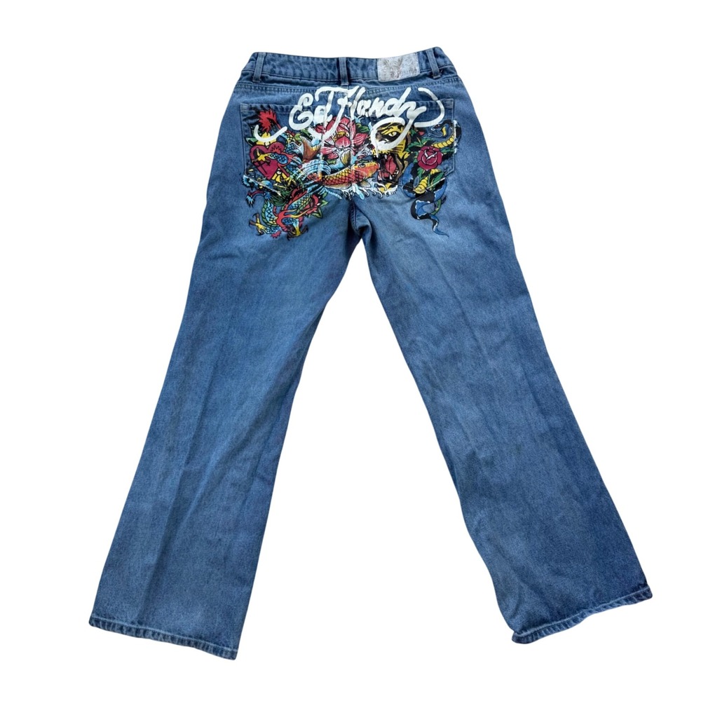 Ed Hardy Womens Wide Leg Graphic Jeans Blue Tattoo Print Tiger Koi Dragon 28